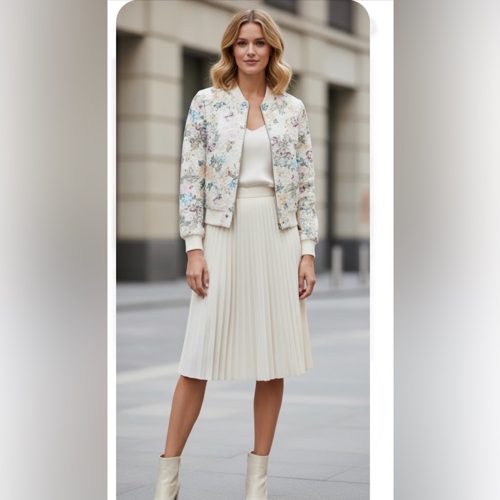 Nanette Lepore . Cream And Blue Bomber Jacket With Floral Print